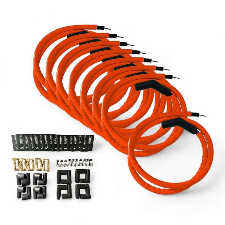 SPW300-CH-K45-9 DIY Super Mag Fiberglass-Oversleeved Spark Plug Wire Set, 45-Degree Boots [Fluorescent Orange]