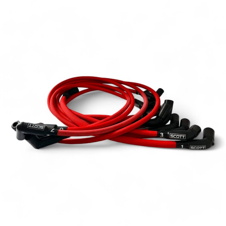 SPW300-PS-525L-F-2 Super Mag Fiberglass-Oversleeved Spark Plug Wire Set, GM LS Long 525 Crate, Around Front Under Header [Red]