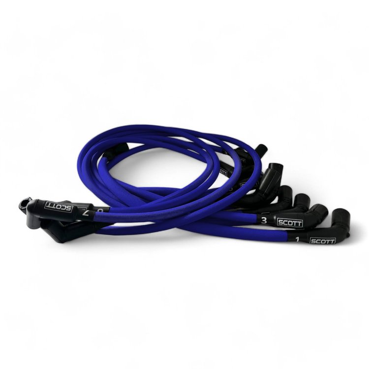 SPW300-PS-525L-F-3 Super Mag Fiberglass-Oversleeved Spark Plug Wire Set, GM LS Long 525 Crate, Around Front Under Header [Blue]