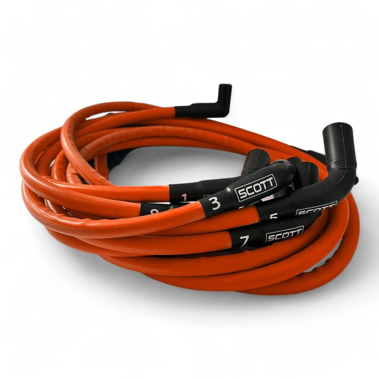 SPW-CH-525L-F-9 High-Performance Silicone-Sleeved Plug Wire Set, GM LS Long 525, Around Front Under Header [Fluorescent Orange]