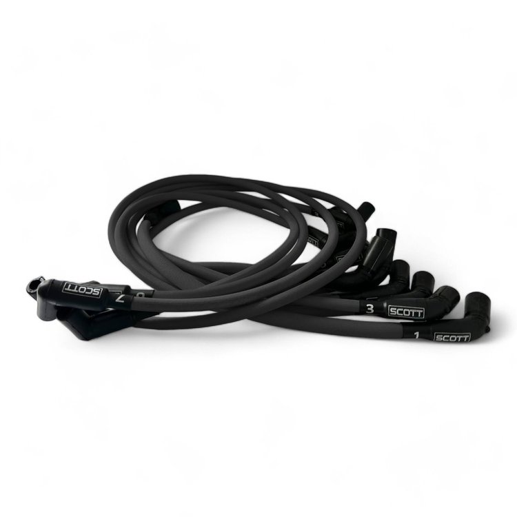 SPW-PS-525L-F-1 High-Performance Fiberglass-Oversleeve Spark Plug Wires, GM LS Long 525 Crate, Around Front Under Header [Black]