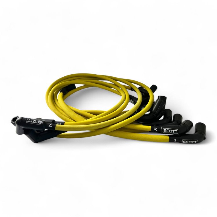 SPW-PS-525L-F-5 High-Performance Fiberglass-Oversleeve Spark Plug Wires GM LS Long 525 Crate, Around Front Under Header [Yellow]