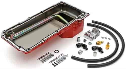 LS Swap Oil Pan/Filter Combo Kit for 1982-2004 Chevy S10/Blazer, Early Model GM Cars/Trucks [Single Filter, Horizontal Port, Red