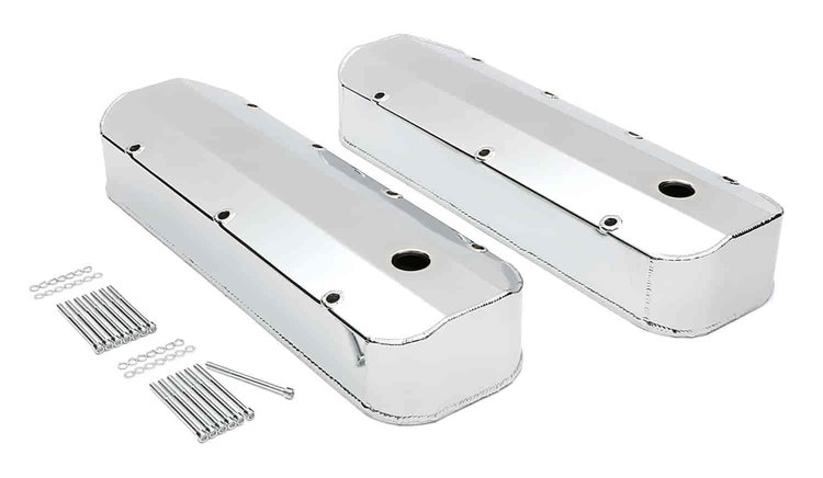 FABRICATED ALUMINUM VALVE COVERS CHROME BBC WITH HOLE