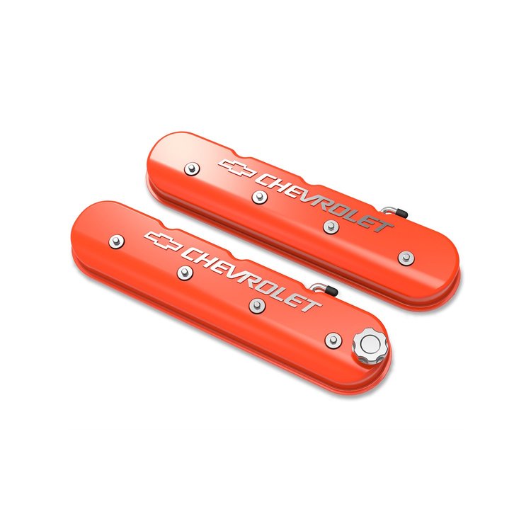 241-403 Aluminum Valve Covers GM LS1/LS2/LS3/LS6/LS7 Engines, Chevrolet with Bowtie Logo - Factory Orange Finish