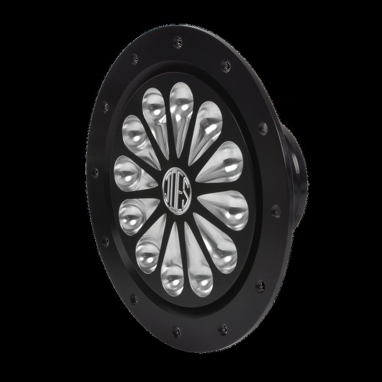 6061-T6 Aluminum Star Fuel Filler Cap, 2-1/4 in. Hose Barb, 12-Bolt Flange, Black Anodized