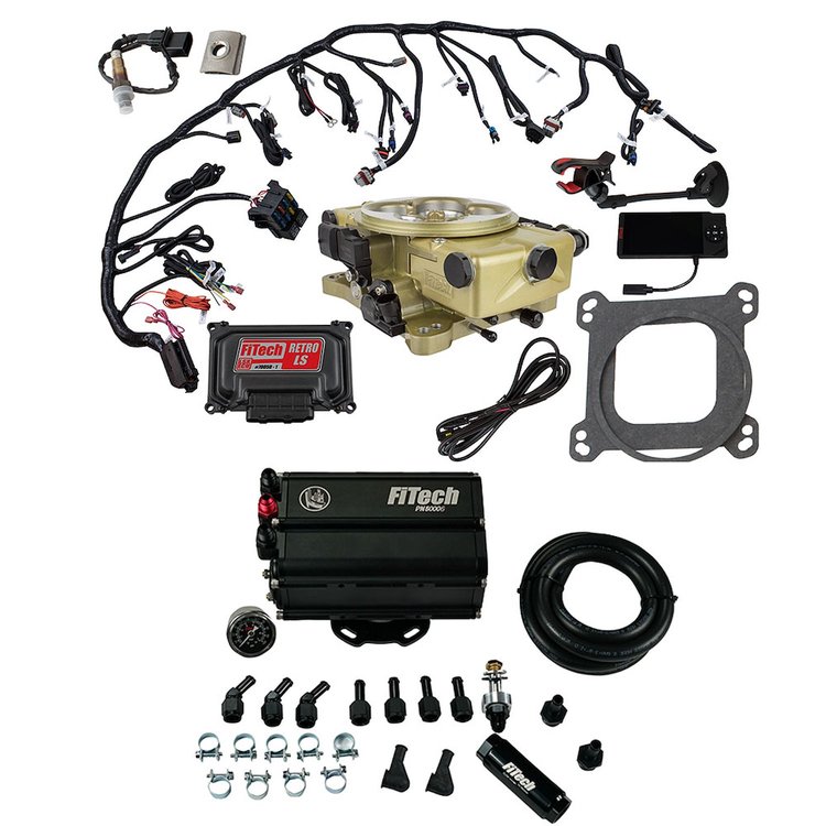 35571 Retro LS 650 HP Classic Gold EFI System With Go Fuel Force Fuel Mini Surge Tank Master Kit