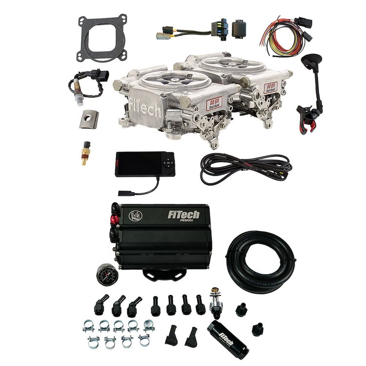 35661 Go EFI 2x4 625 HP Bright Aluminum EFI System With Go Fuel Force Fuel Mini Surge Tank Master Kit