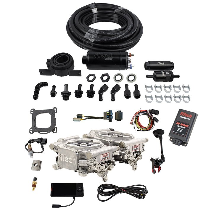 Go EFI 2x4 625 HP Dual Quad Throttle Body Fuel Injection Master Kit [With Inline Fuel Pump & CDI Box] Bright Aluminum