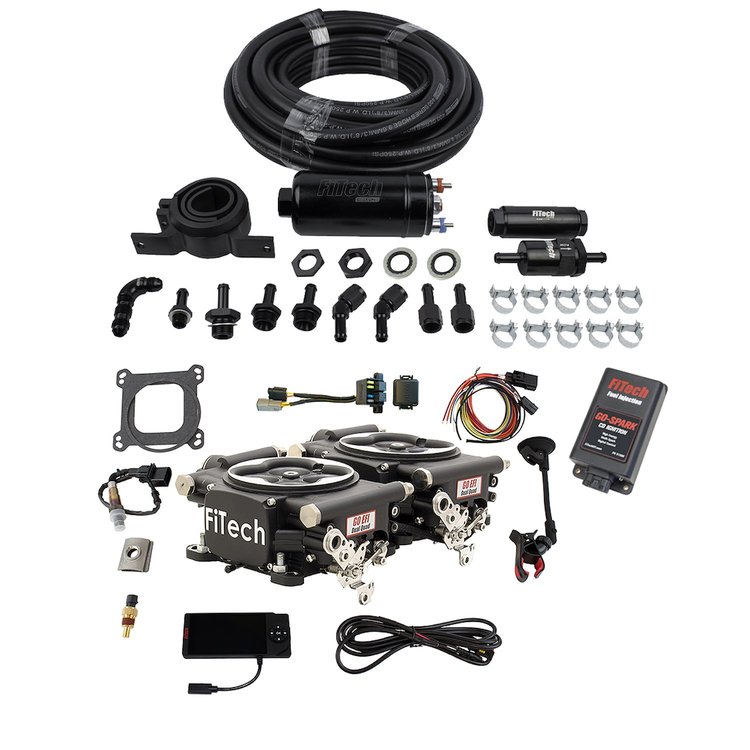 Go EFI 2x4 625 HP Dual Quad Throttle Body Fuel Injection Master Kit [With Inline Fuel Pump & CDI Box] Matte Black Aluminum