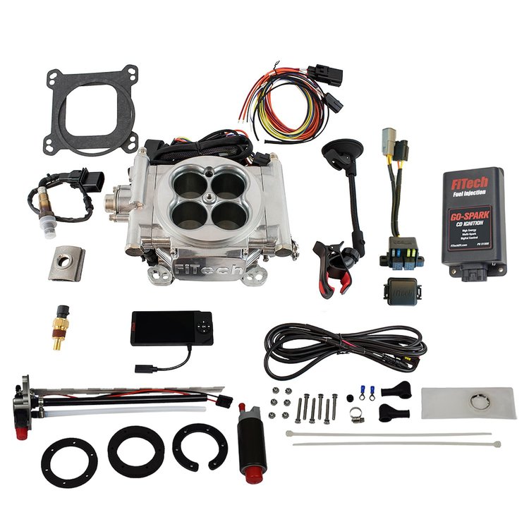 Go EFI-4 600 HP Throttle Body Fuel Injection Master Kit [With Go-Fuel Universal In-Tank Pump Module 340 LPH & CDI Box] Bright Al