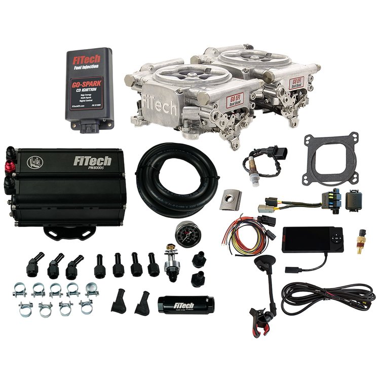 93721 Go EFI 2x4 625 HP Bright Aluminum EFI System With Go Fuel Force Fuel Mini Surge Tank & Go Spark CDI Box Master Kit