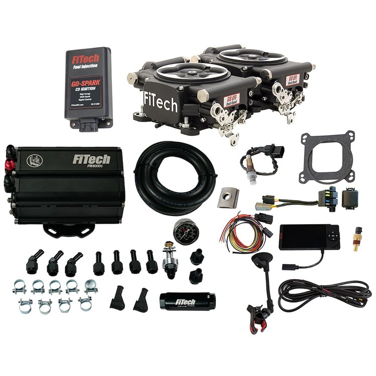 93762 Go EFI 2x4 625 HP Matte Black EFI System With Go Fuel Force Fuel Mini Surge Tank & Go Spark CDI Box Master Kit