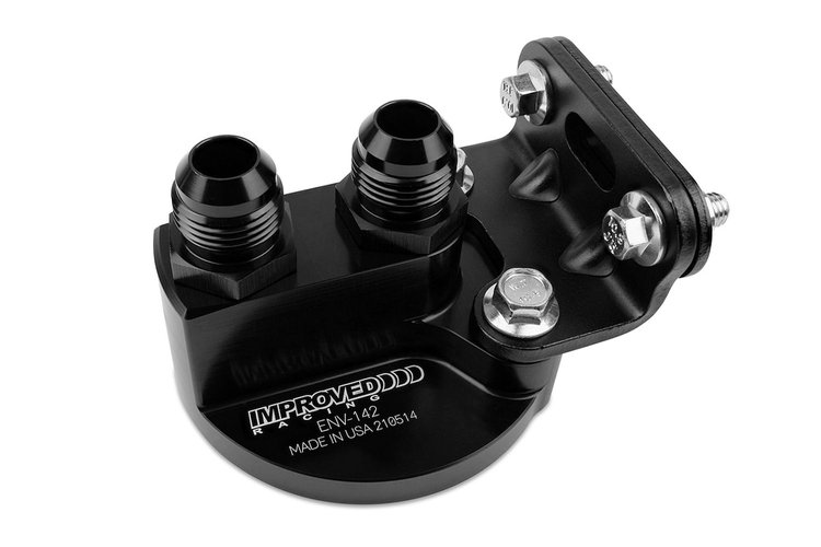 ENV-142-F3 Remote oil filter head, 2x -10AN ORB ports, with bracket, 13/16"-16