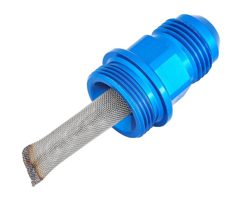 Filtered Carburetor Inlet Fitting for Holley Dual Feed and Q-Jet Carburetors [-8 AN to 7/8 in.-20, Blue]