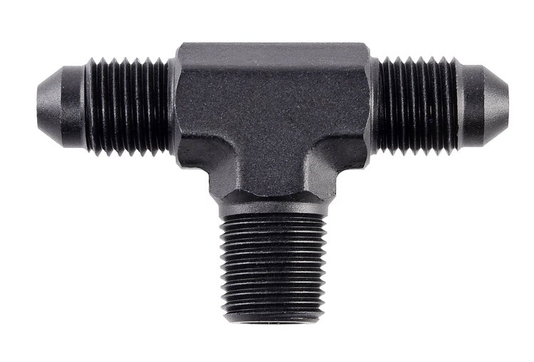 AN to NPT Tee Adapter Fitting [-3 AN Male to -3 AN Male on Run, 1/8 in. NPT Male Center Port, Black]