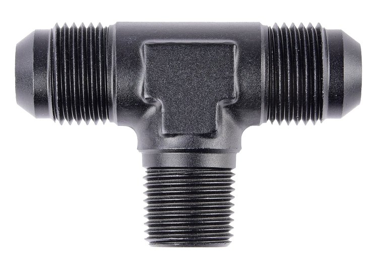 AN to NPT Tee Adapter Fitting [-6 AN Male to -6 AN Male on Run, 3/8 in. NPT Male Center Port, Black]