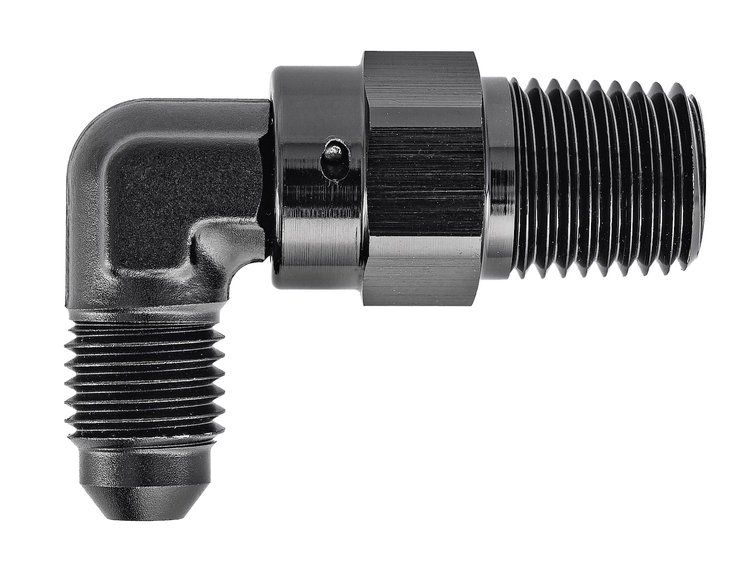 AN to NPT 90-Degree Max Flow Swivel Adapter Fitting [1/4 in. NPT Male to -4 AN Male, Black]