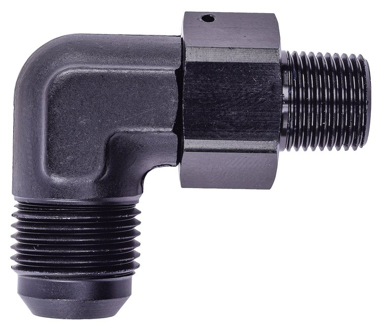 AN to NPT 90-Degree Max Flow Swivel Adapter Fitting [3/8 in. NPT Male to -10 AN Male, Black]