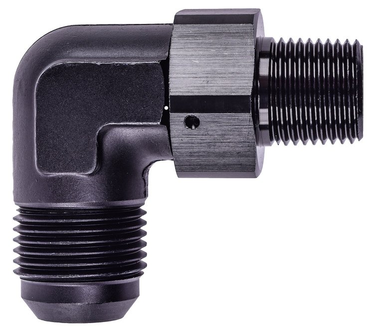 AN to NPT 90-Degree Max Flow Swivel Adapter Fitting [1/2 in. NPT Male to -12 AN Male, Black]
