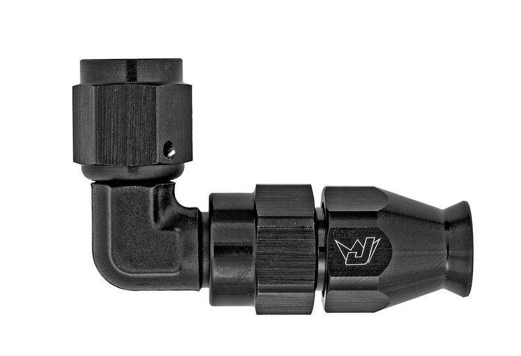 AN 90-Degree Tight Radius Non-Swivel PTFE Hose End Fitting [-4 AN Female to -4 AN PTFE Hose, Black Anodized Aluminum]
