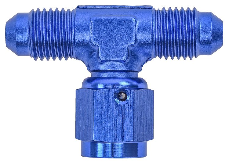 AN to AN Tee Adapter Fitting [-4 AN Male to -4 AN Male Run, -4 AN Female Swivel Center Port, Blue]