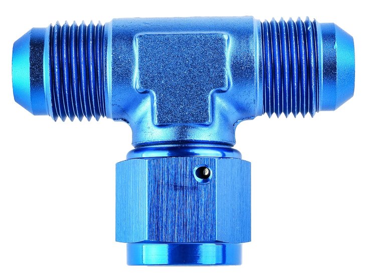 AN to AN Tee Adapter Fitting [-8 AN Male to -8 AN Male Run, -8 AN Female Swivel Center Port, Blue]