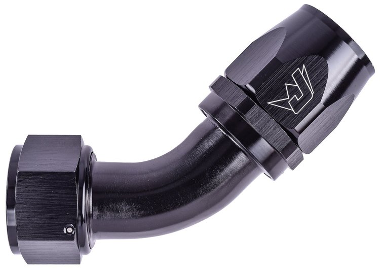 AN 45-Degree Max Flow Swivel Hose End [-20 AN Female to -20 AN Hose, Black]