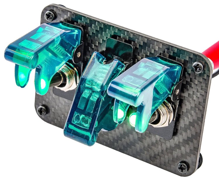 3-Toggle Switch Panel with Switches [Green Indicators, Carbon Fiber Panel]