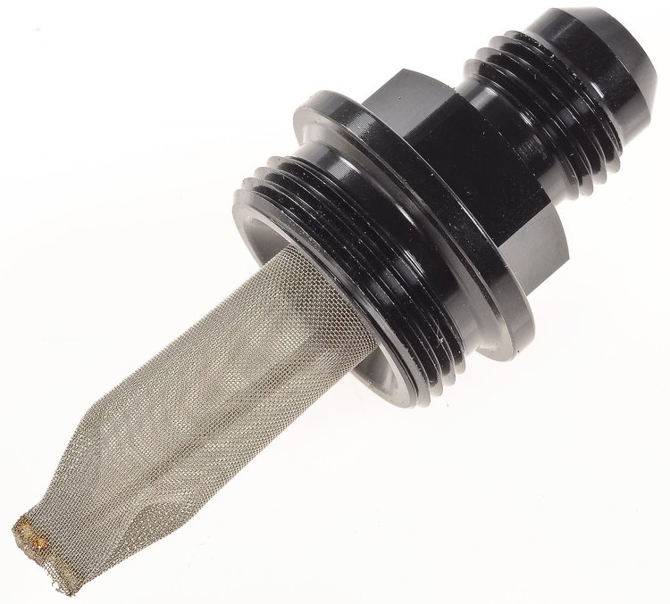 Filtered Carburetor Inlet Fitting for Holley Dual Feed and Q-Jet Carburetors [-6 AN to 7/8 in.-20, Black]