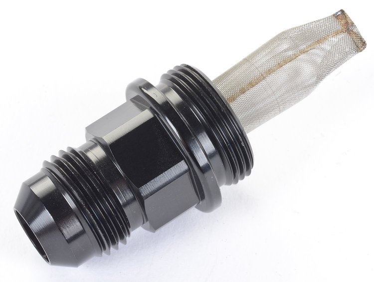 Filtered Carburetor Inlet Fitting for Holley Dual Feed and Q-Jet Carburetors [-8 AN to 7/8 in.-20, Black]