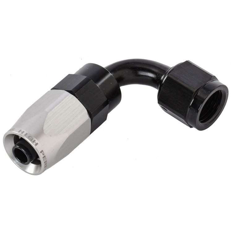 90-Degree HD AN Hose End Fitting [-6 AN Female Swivel, Black/Silver]