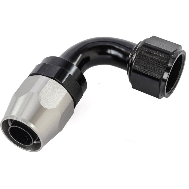 90-Degree HD AN Hose End Fitting [-12 AN Female Swivel, Black/Silver]