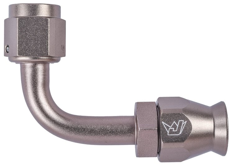 AN 90-Degree A/C PTFE Hose End Fitting [-6 AN Female w/O-ring to -6 AN PTFE Hose, Champagne Anodized Aluminum]