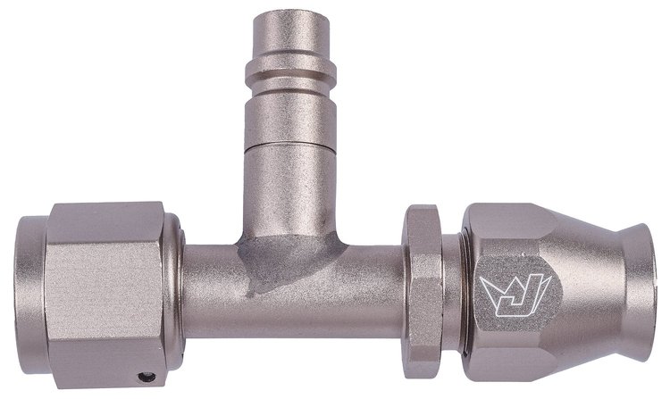 AN Straight A/C PTFE Hose End Fitting with Service Port  [-8 AN Female w/O-ring to -8 AN PTFE Hose, Champagne Anodized Aluminum]