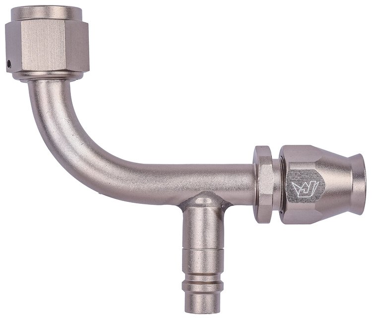 AN 90-Degree A/C PTFE Hose End Fitting with Service Port [-8 AN Female w/O-ring to -8 AN PTFE Hose, Champagne Anodized Aluminum