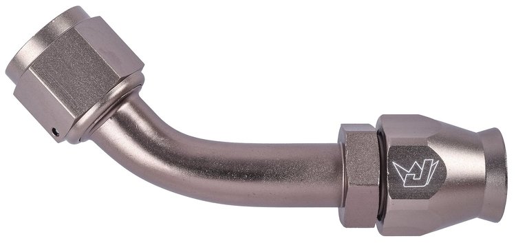AN 45-Degree A/C PTFE Hose End Fitting [-10 AN Female w/O-ring to -10 AN PTFE Hose, Champagne Anodized Aluminum]