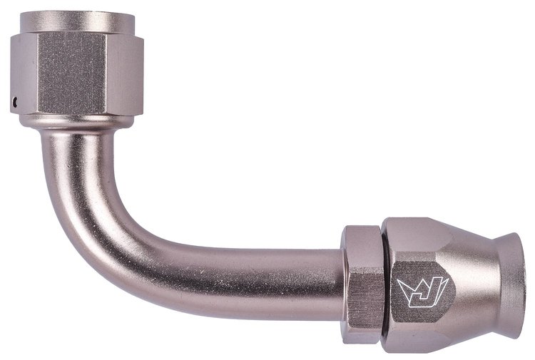 AN 90-Degree A/C PTFE Hose End Fitting [-10 AN Female w/O-ring to -10 AN PTFE Hose, Champagne Anodized Aluminum]