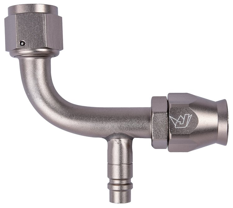 AN 90-Degree A/C PTFE Hose End Fitting w/Service Port [-10 AN Female w/O-ring to -10 AN PTFE Hose, Champagne Anodized Aluminum]