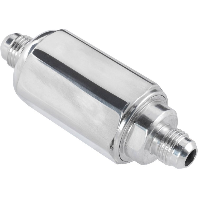 Compact Billet Aluminum In-Line Fuel Filter, 2 5/16 in. Long [-6 AN Male/Male, Polished]