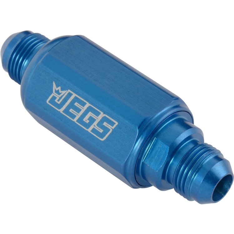 Compact Billet Aluminum In-Line Fuel Filter, 2 5/16 in. Long [-8 AN Male/Male, Blue]