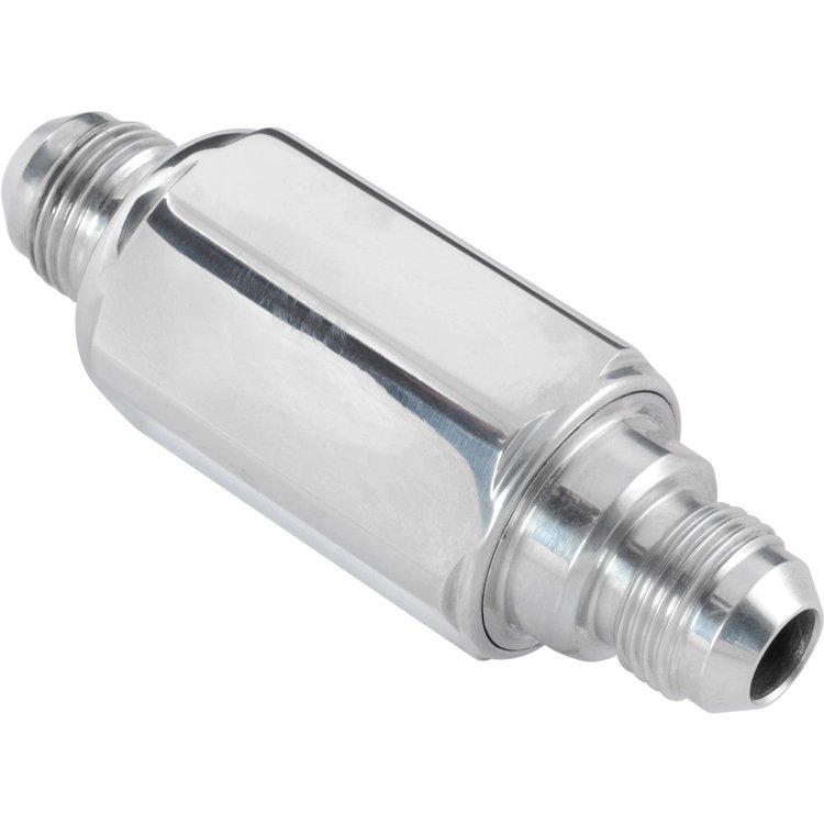 Compact Billet Aluminum In-Line Fuel Filter, 2 5/16 in. Long [-8 AN Male/Male, Polished]