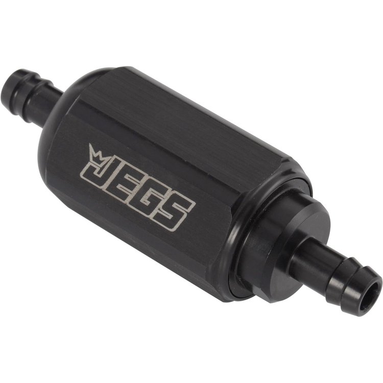 Compact Billet Aluminum In-Line Fuel Filter, 2 5/16 in. Long [3/8 in. Male/Male Hose Barb, Black]