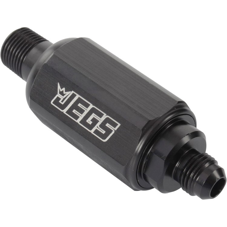 Compact Billet Aluminum In-Line Fuel Filter, 2 5/16 in. Long [3/8 in. NPT Male to -6 AN Male, Black]