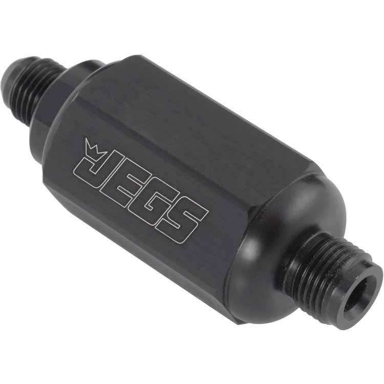 Compact Billet Aluminum In-Line Fuel Filter, 2 5/16 in. Long [5/8 in.-18 Inverted Flare Male to -6 AN Male, Black]