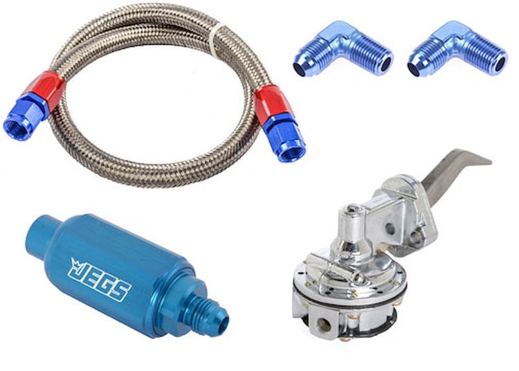 Mechanical Fuel Pump & Installation Kit for Ford 289-302-351W [80 gph, Blue Fittings]