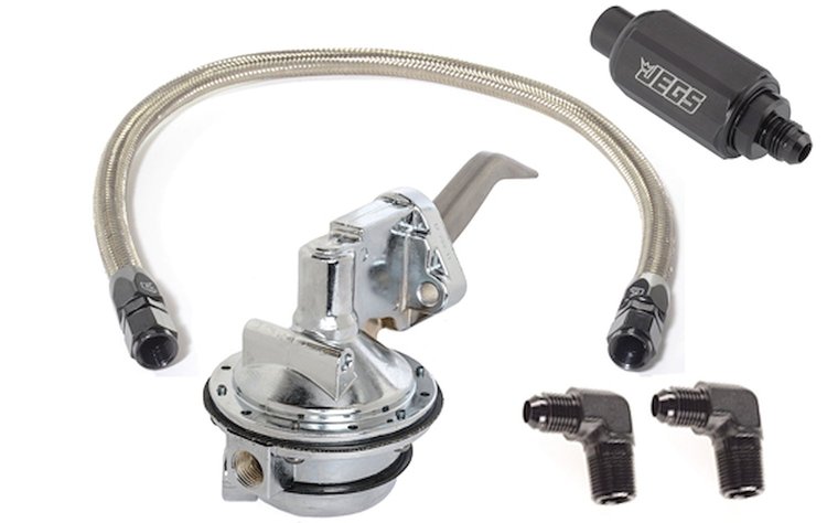Mechanical Fuel Pump & Installation Kit for Ford 289-302-351W [110 gph, Black Fittings]