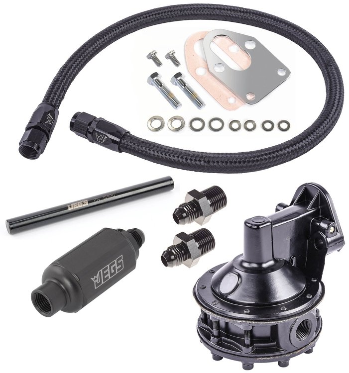 Mechanical Fuel Pump & Installation Kit for Small Block Chevy 265-283-327-350-400 [110 gph, Black Fittings]