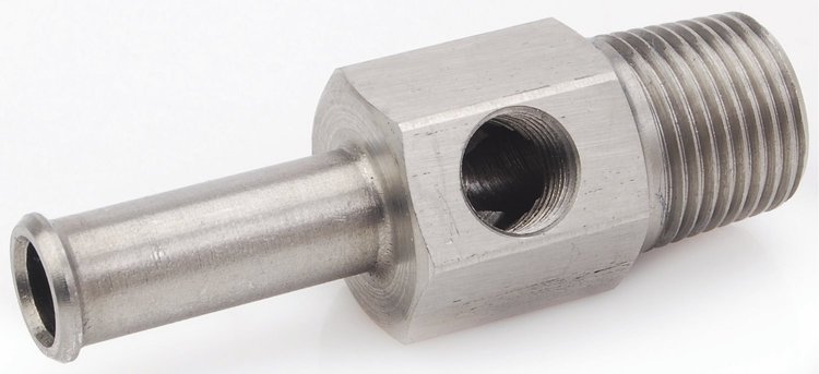 SS Fuel Pressure Gauge Fitting 3/8" Hose Barb x 3/8" NPTM