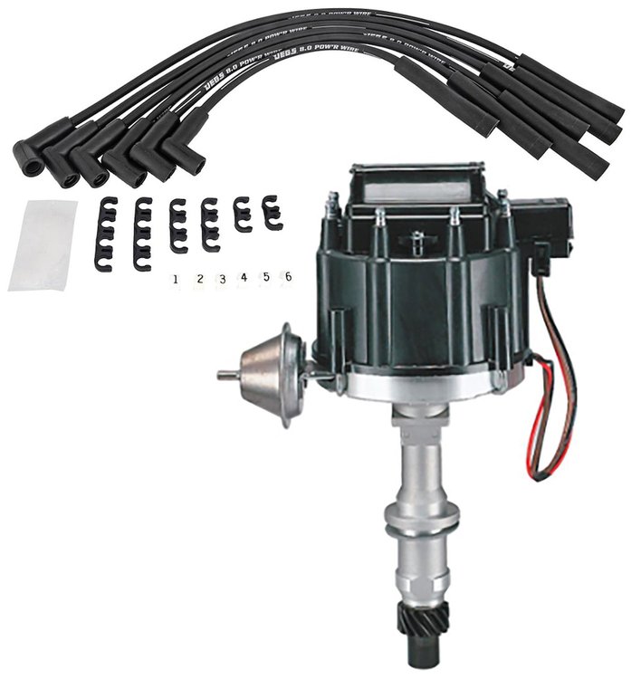 HEI Distributor & Wire Set for 1965-1990 AMC & Jeep 199-258 ci. 6-Cylinder Engines [Black Cap]